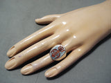 Heavy Intricate Detailed Native American Zuni Coral Sterling Silver Inlay Ring-Nativo Arts