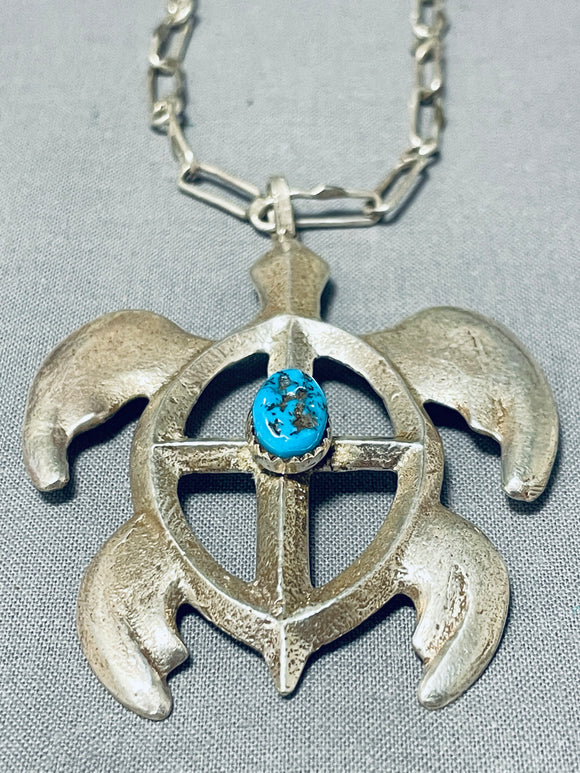 Unique Native American Navajo Turquoise Sterling Silver Turtle Necklace-Nativo Arts