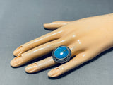 Quality Vintage Native American Navajo Blue Turquoise Signed Sterling Silver Ring Old-Nativo Arts