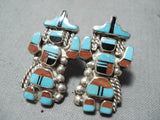 Exceptional Native American Zuni Turquoise Coral Inlay Sterling Silver Kachina Earrings-Nativo Arts
