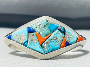 Dazzling Native American Navajo Signed Inlay Turquoise Coral Lapis Sterling Silver Bracelet-Nativo Arts