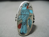 Important Native American Zuni Harlan Coonsis Turquoise Blue Jay Bird Sterling Silver Ring-Nativo Arts