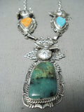 Fascinating Native American Navajo Turquoise Spiny Shell Sterling Silver 3 Kachinas Necklace-Nativo Arts