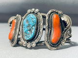 Tom Toledo Vintage Native American Navajo Morenci Turquoise Coral Sterling Silver Bracelet-Nativo Arts