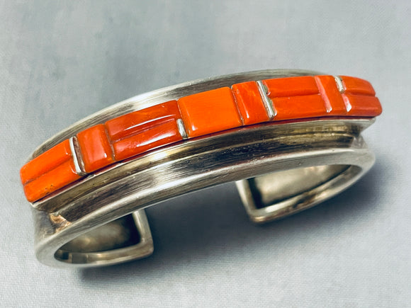 One Of The Best Chee Vintage Native American Navajo Coral Inlay Sterling Silver Bracelet-Nativo Arts