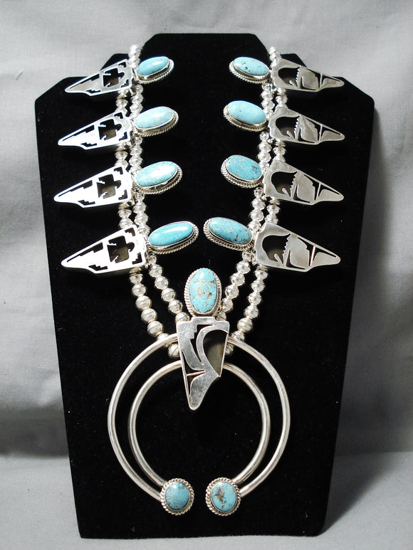 Native American Colossal Navajo Carico Lake Turquoise Sterling Silver Squash Blossom Necklace-Nativo Arts
