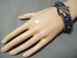 Heavy Detailed Vintage Native American Navajo Wolf Lapis Sterling Silver Bracelet-Nativo Arts