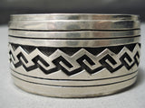 Heavy Wide Vintage Native American Navajo Rug Water Sterling Silver Bracelet Old-Nativo Arts