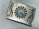 Native American Early Inlay Vintage Zuini Turquoise Sterling Silver Buckle-Nativo Arts