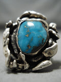 Exquisite Vintage Native American Navajo Blue Gem Turquoise Sterling Silver Ring Old-Nativo Arts