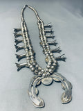 Gasp! Vintage Native American Navajo 220 Gram Sterling Silver Turquoise Squash Blossom Necklace-Nativo Arts