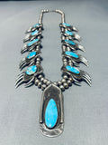 Turquoise Paw Heavy Vintage Native American Navajo Sterling Silver Squash Blossom Necklace-Nativo Arts