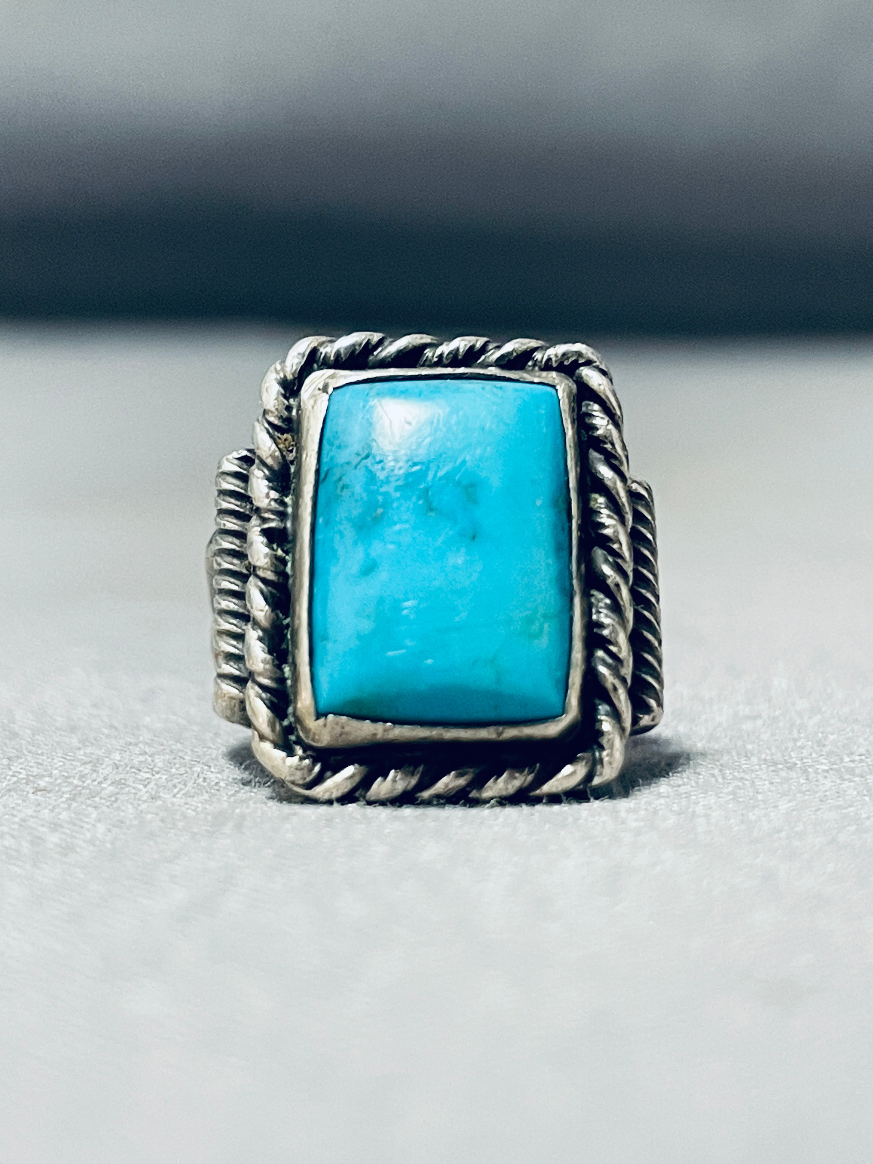 Modernist 1930s Natural Turquoise Stone Ring on Square Silver