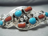 Important Navajo Turquoise Coral Sterling Silver Hairpin Native American-Nativo Arts