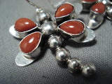 Exquisite Native American Navajo Coral Sterling Silver Dragonfly Earrings-Nativo Arts