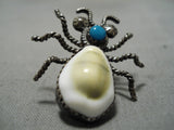 Museum Quality Vintage Native American Navajo Bug Turquoise Shell Sterling Silver Pin Old-Nativo Arts