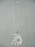 Custom Vintage Native American Acoma Old Kingman Turquoise Sterling Silver Eagle Neckalce Old-Nativo Arts