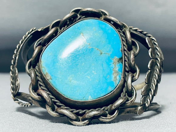 Chainlink Bezel Vintage Native American Navajo Turquoise Sterling Silver Bracelet Old-Nativo Arts