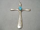 Superior Vintage Native American Navajo Hand Tooled Sterling Silver Turquoise Cross Pendant-Nativo Arts