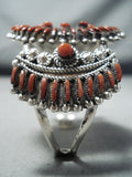 Coral Sun Native American Zuni Coral Needlepoint Sterling Silver Huge Bracelet-Nativo Arts