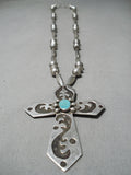 Huge Vintage Native American Navajo Christian Cross Turquoise Sterling Silver Necklace Old-Nativo Arts