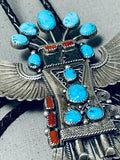 Huge 4 Inch Long Vintage Native American Navajo Kachina Turquoise Sterling Silver Bolo Tie-Nativo Arts
