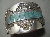 Huge Thick Heavy!! Native American Navajo Turquoise Sterling Silver Inlay Bracelet Cuff-Nativo Arts