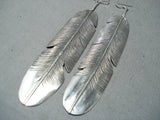Very Long Navajo Native American Sterling Silver Feather Earrings-Nativo Arts