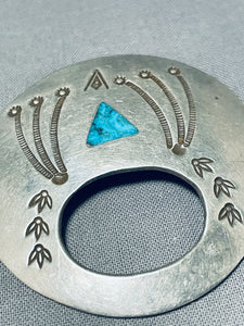 Exceptional Vintage Native American Navajo Blue Diamond Turquoise Sterling Silver Pin-Nativo Arts