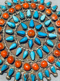 Native American One Of The Finest Vintage Zuni Turquoise Coral Sterling Silver Pendantold-Nativo Arts