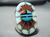 Exquisite Native American Zuni Turquoise Coral Opal Inlay Sunface Sterling Silver Ring-Nativo Arts