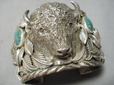 Heavy Huge Buffalo Native American Navajo Turquoise Sterling Silver Leaf Bracelet-Nativo Arts