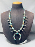 Amazing Green Turquoise Vintage Native American Navajo Sterling Silver Squash Blossom Necklace-Nativo Arts