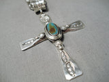 Important Heavy Native American Navajo Sterling Silver Cross Christian Turquoise Necklace-Nativo Arts