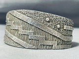 Extraordinary Native American Navajo Signed Huge Handcarved Textured Silver Cuff-Nativo Arts
