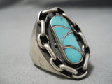 Amazing Vintage Huge Native American Navajo Turquoise Inlay Sterling Silver Chain Ring Heavy-Nativo Arts