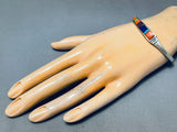 Detailed Vintage Native American Navajo Turquoise Inlay Lapis Sterling Silver Bracelet-Nativo Arts