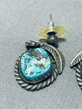 Cute Leaf And Turquoise Vintage Native American Navajo Sterling Silver Earrings Old-Nativo Arts