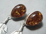 Rare Detailed Intricate Native American Navajo Feather Sterling Silver Amber Earrings-Nativo Arts
