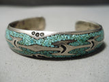 Detailed Vintage Native American Navajo Turquoise Inlay Sterling Silver Bracelet Old-Nativo Arts