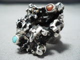 Dazzling Navajo Native American Turquoise Coral Sterling Silver Ring-Nativo Arts