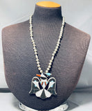 Substantial Vintage Native American Zuni Turquoise Coral Sterling Silver Bird Necklace-Nativo Arts