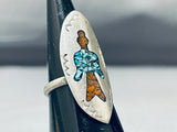 Authentic Vintage Native American Navajo Turquoise Coral Sterling Silver Inlay Ring-Nativo Arts
