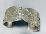 Superb Native American Navajo Signed Sterling Silver Geometric Heavy Bracelet-Nativo Arts