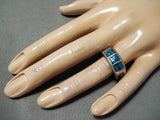 Intricate Vintage Native American Navajo Turquoise Inlay Sterling Silver Ring Old-Nativo Arts