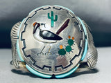 Important Vintage Native American Navajo Roadrunner Turquoise Inlay Sterling Silver Bracelet-Nativo Arts