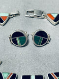 Native American Dynamic Vintage Turquoise Sterling Silver Bracelet And Earring Inlay Set-Nativo Arts