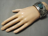 Museum Vintage Native American Navajo Geomtric Love Turquoise Sterling Silver Bracelet Old-Nativo Arts