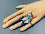Astonishing Native American Zuni Signed Blue Gem Turquoise Coral Jet Sterling Silver Bird Ring-Nativo Arts
