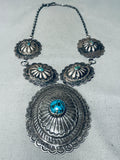 Huge Hand Tooled Vintage Native American Navajo Turquoise Sterling Silver Concho Necklace-Nativo Arts